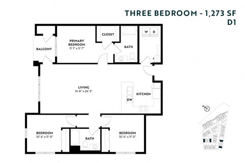 Floor plan for 3 beds, 2 baths, 1273 sqft